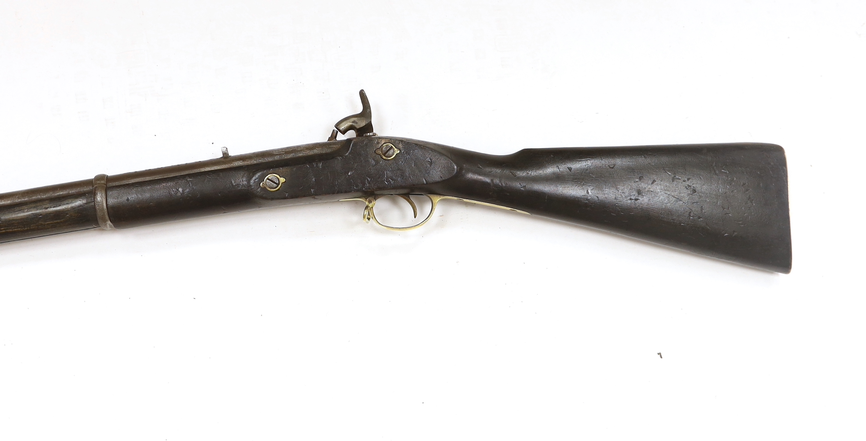 A Victorian percussion cap rifle (Tower Carbine), lock stamped 1859 TOWER and VR cypher, two barrel bands and compartment in stock, barrel 74cm